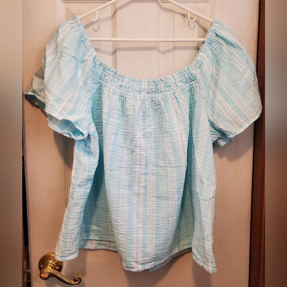 Time and Tru Tops - Short Sleeve Blue and White Top